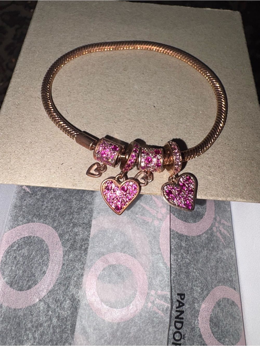 Pandora Rose Gold Bracelet with Sparkling Pink Heart Dangles